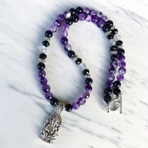 Amethyst ganesh necklace . diamond cut amethyst gemstones silver ganesh charm